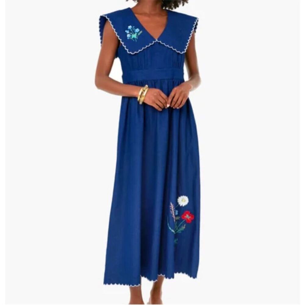 Tuckernuck Royal Blue Midi Dress with Floral Embroidery